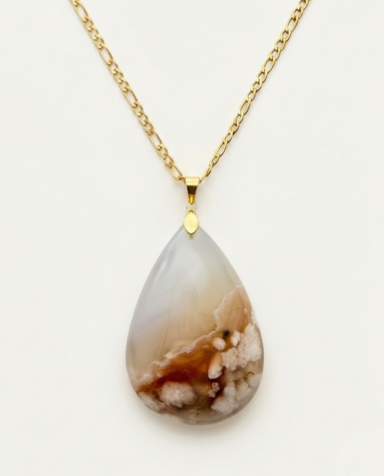 Silvia Gold Pendent Necklace in Flower Agate - Classic (M) Water Drop